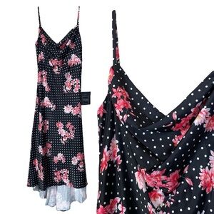 New Ieena Mac Duggal Floral Dot Drape Neck Back Slip Dress Black Pink Size 2